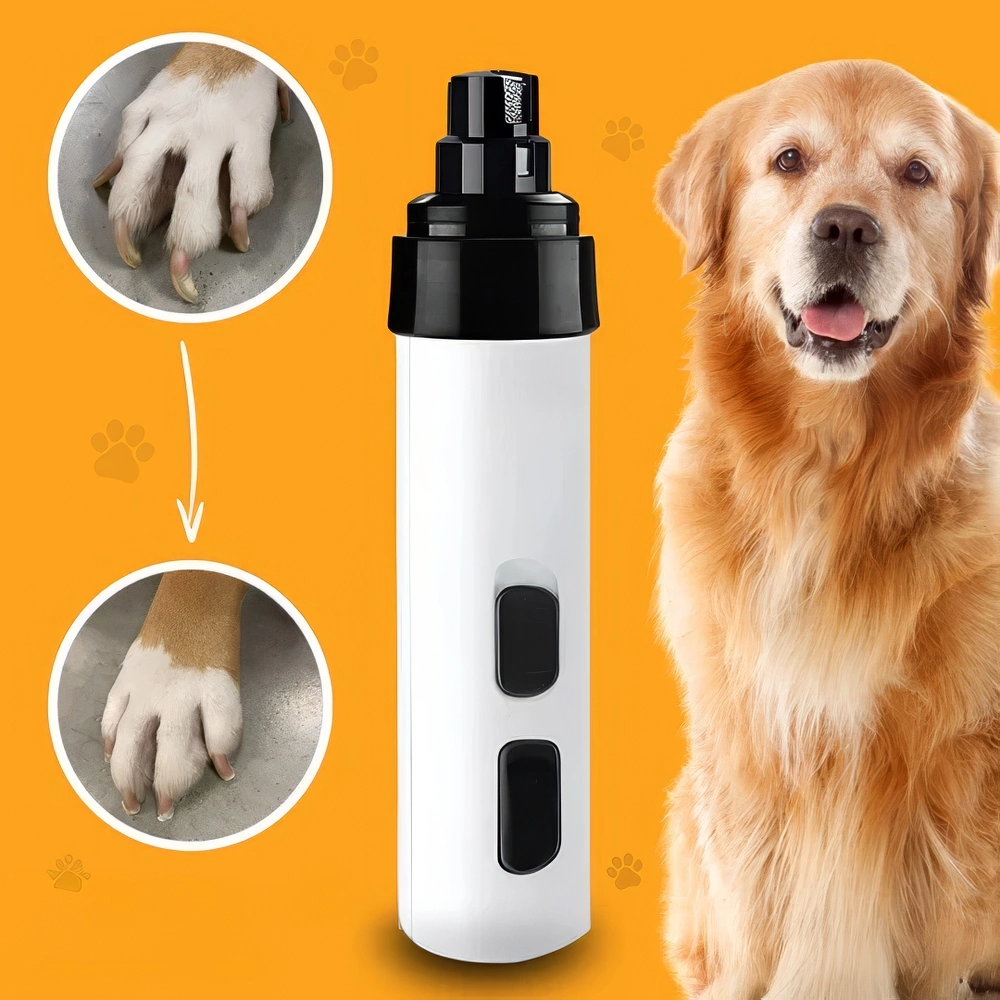Silent Groom Pro ultra-quiet pet nail grinder held next to a calm dog paw